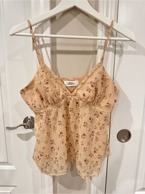 Victor Floral Lace Trim Cami Babydoll Top Beige Brown Size Large